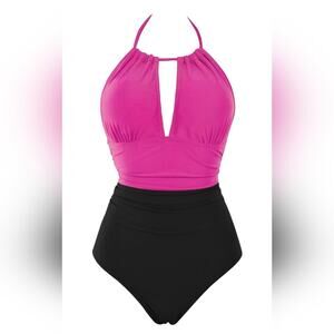 New Retro Style Halter Swimsuit Pink Tummy Control 869 Big Busted Curvy Size‎ L